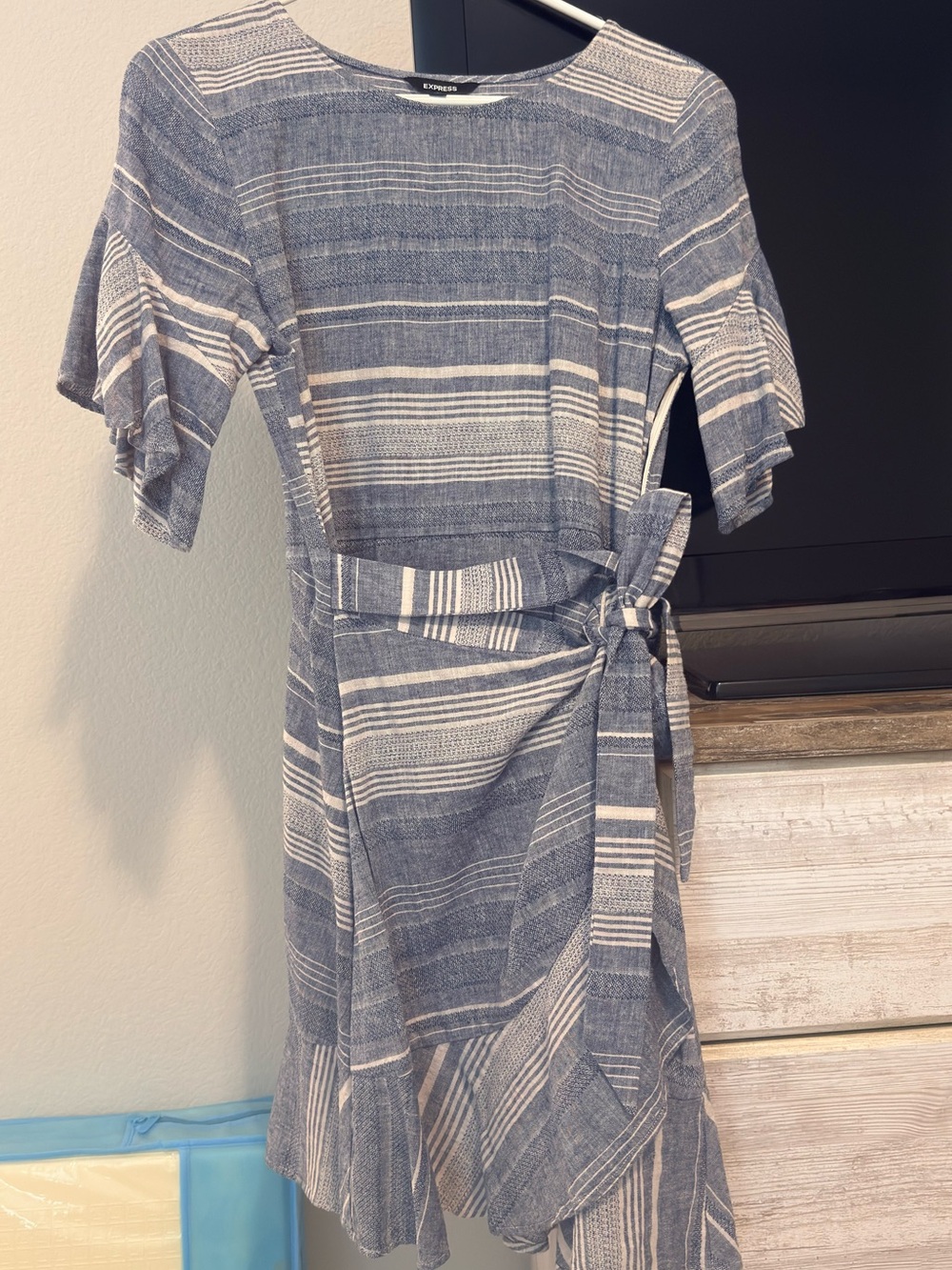 Express Navy & White Striped Tie-Waist Short Sleeve Dress
